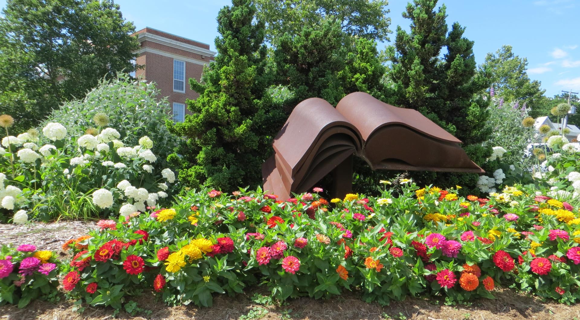 Library with Book Sculpture and Garden