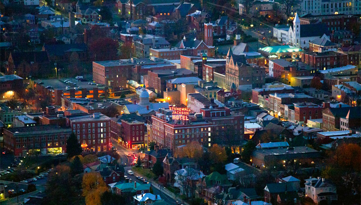 aerial shot of staunton at dusk