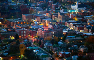 aerial view of staunton's business district