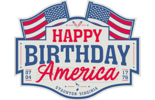 Happy Birthday America Logo which features a wordmark with the name and two American flags waving in the background