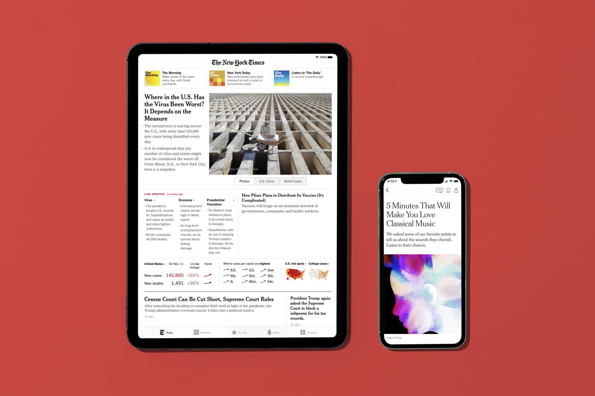 Tablet and smart phone with NYTimes.com homepage displayed